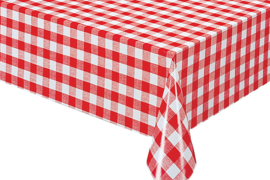 赤いチェック柄のビニール製テーブルクロス