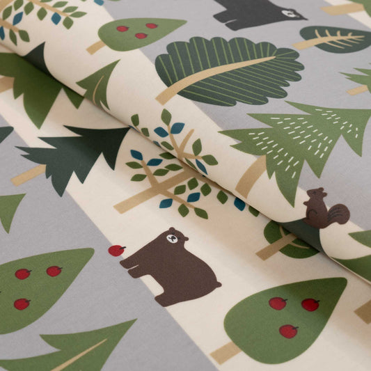 テーブルクロス 森とクマ グレー (幅 約135cm×長さ10cm単位カット商品)