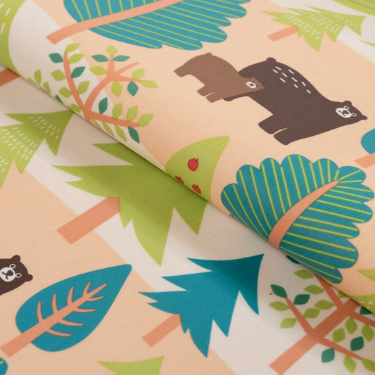 テーブルクロス 森とクマ グリーン (幅 約135cm×長さ10cm単位カット商品)