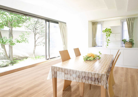 テーブルクロス 幾何学リーフ ホワイト クリアベース (幅 約135cm×長さ10cm単位カット商品)